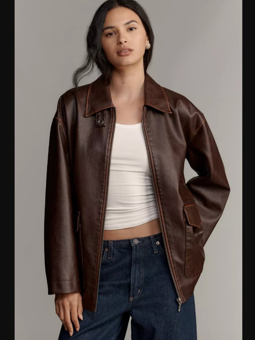 Anthropologie Pilcro Sofia Faux Leather Long Bomber Jacket